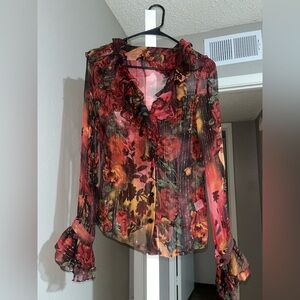 Floral Ruffle Sheer Blouse - Red and Black